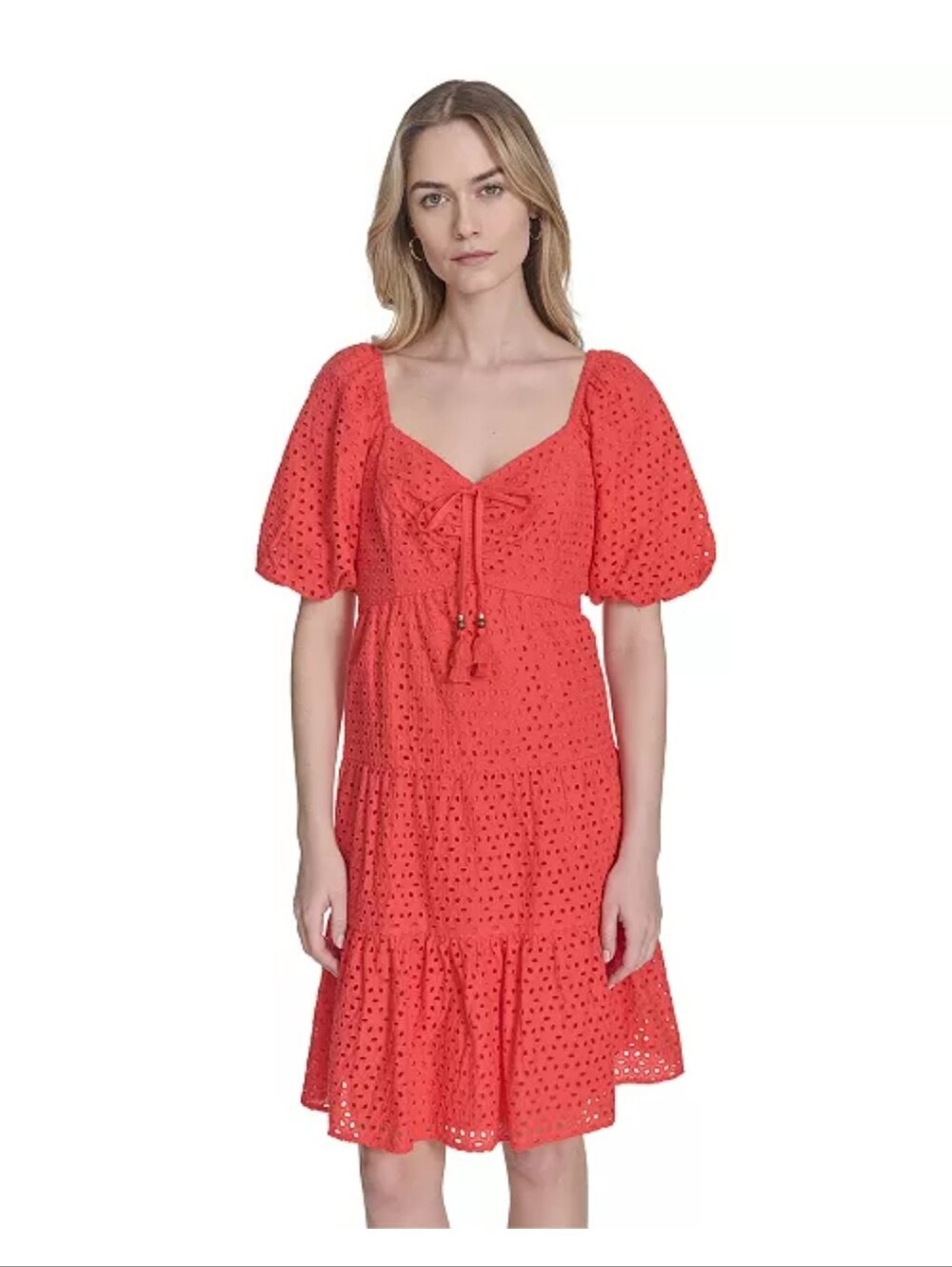 Vince Camuto Red Eyelet Dress Size 10 Puff Sleeve Tiered Boho Tassel Midi $149